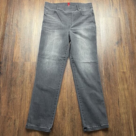 SPANX Straight Leg Pull On Jeans Black Wash Distressed Women’s Size XL